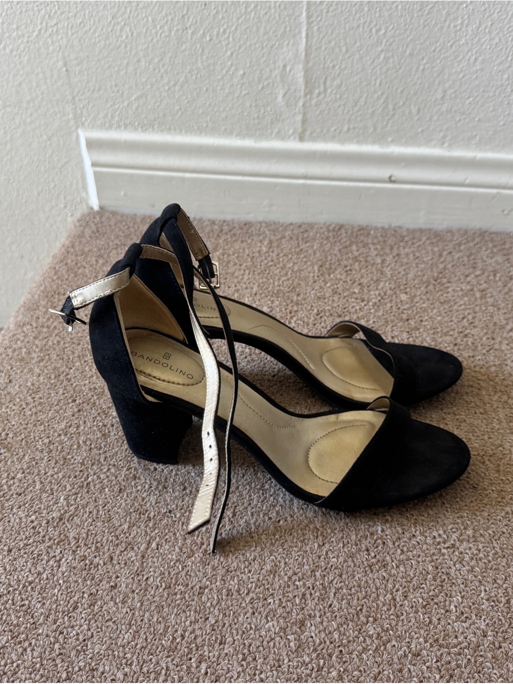 Bandolino Black Suede Block Heels with Gold Ankle Straps